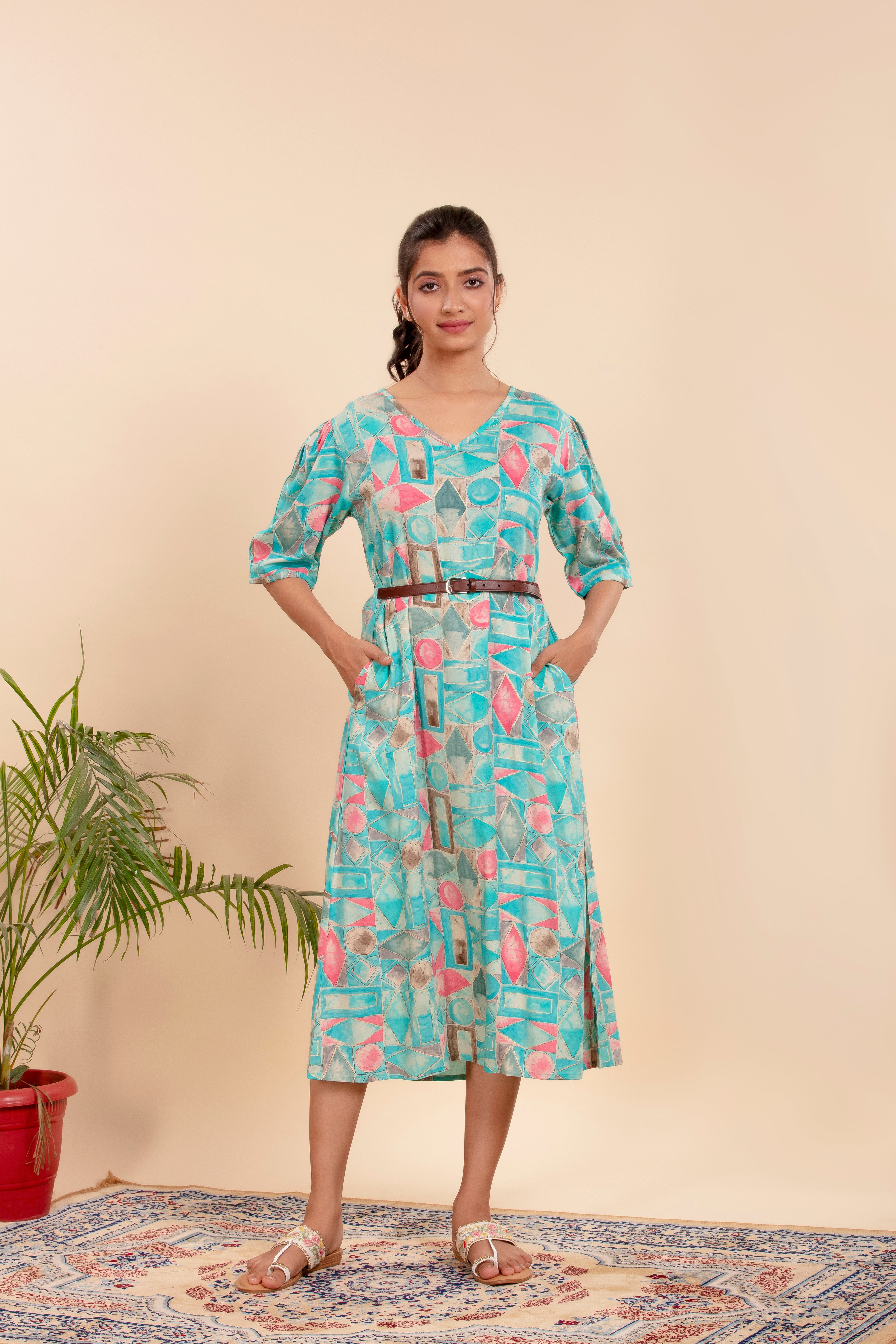 Dress Crafted with Vibrant Prints, Comfy Fit, and a Stylish Waist Belt.