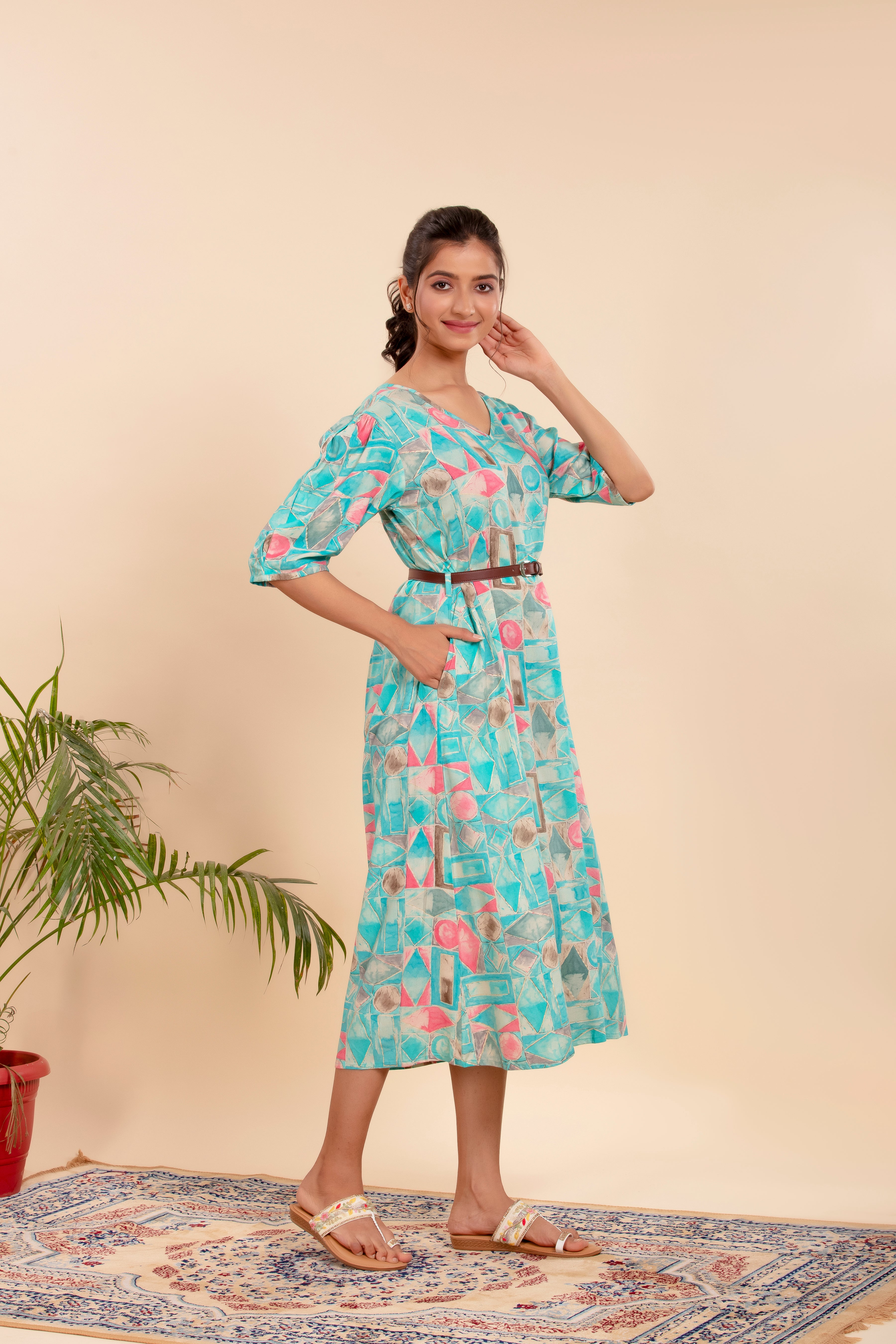 Dress Crafted with Vibrant Prints, Comfy Fit, and a Stylish Waist Belt.