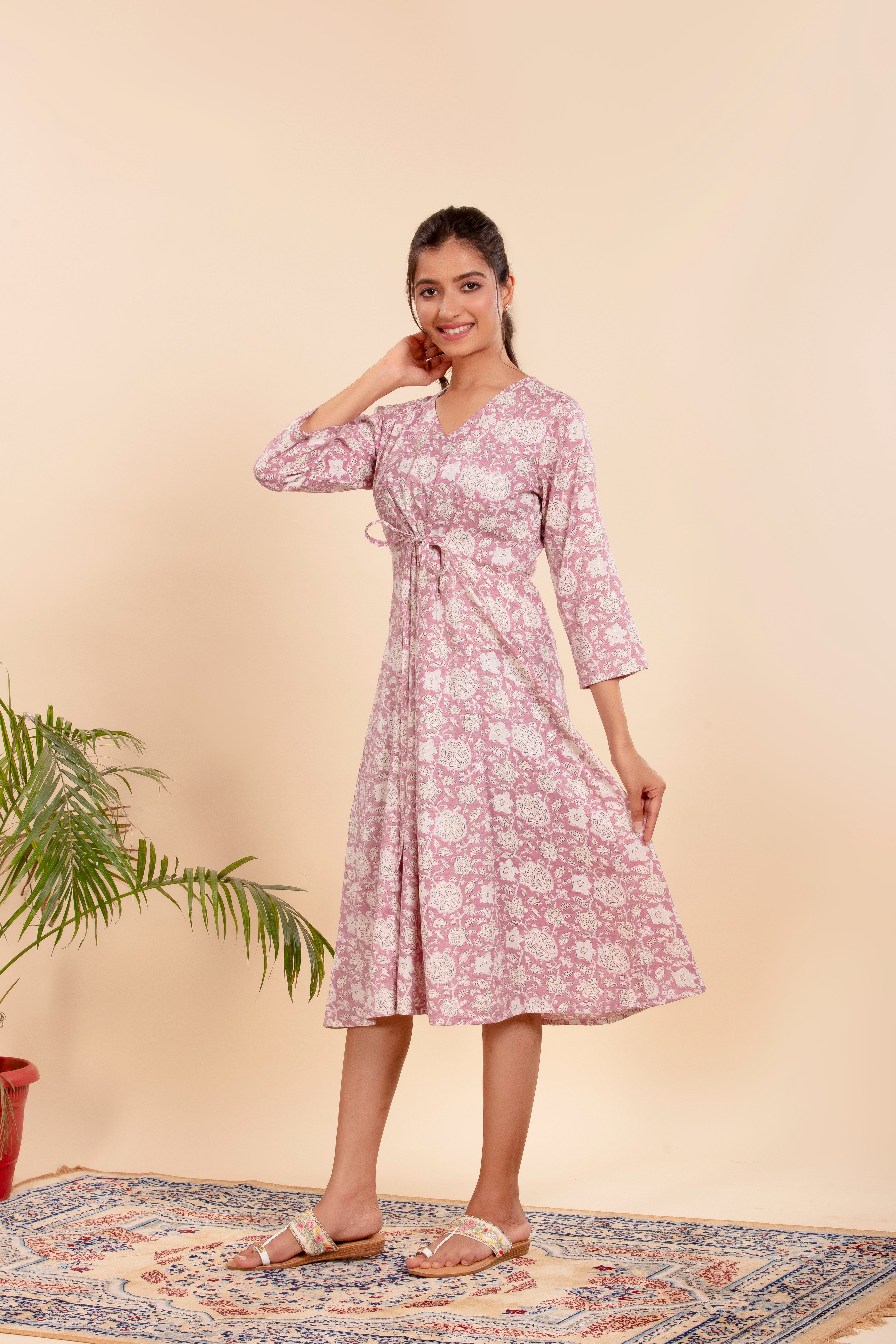 Dress with Elegant Floral Print and a Flattering Tie-Up Waist.