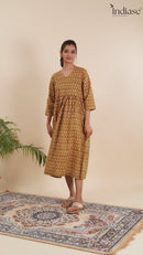Dress Up in Effortless Style with this Mustard Ikat-Printed Midi Dress.