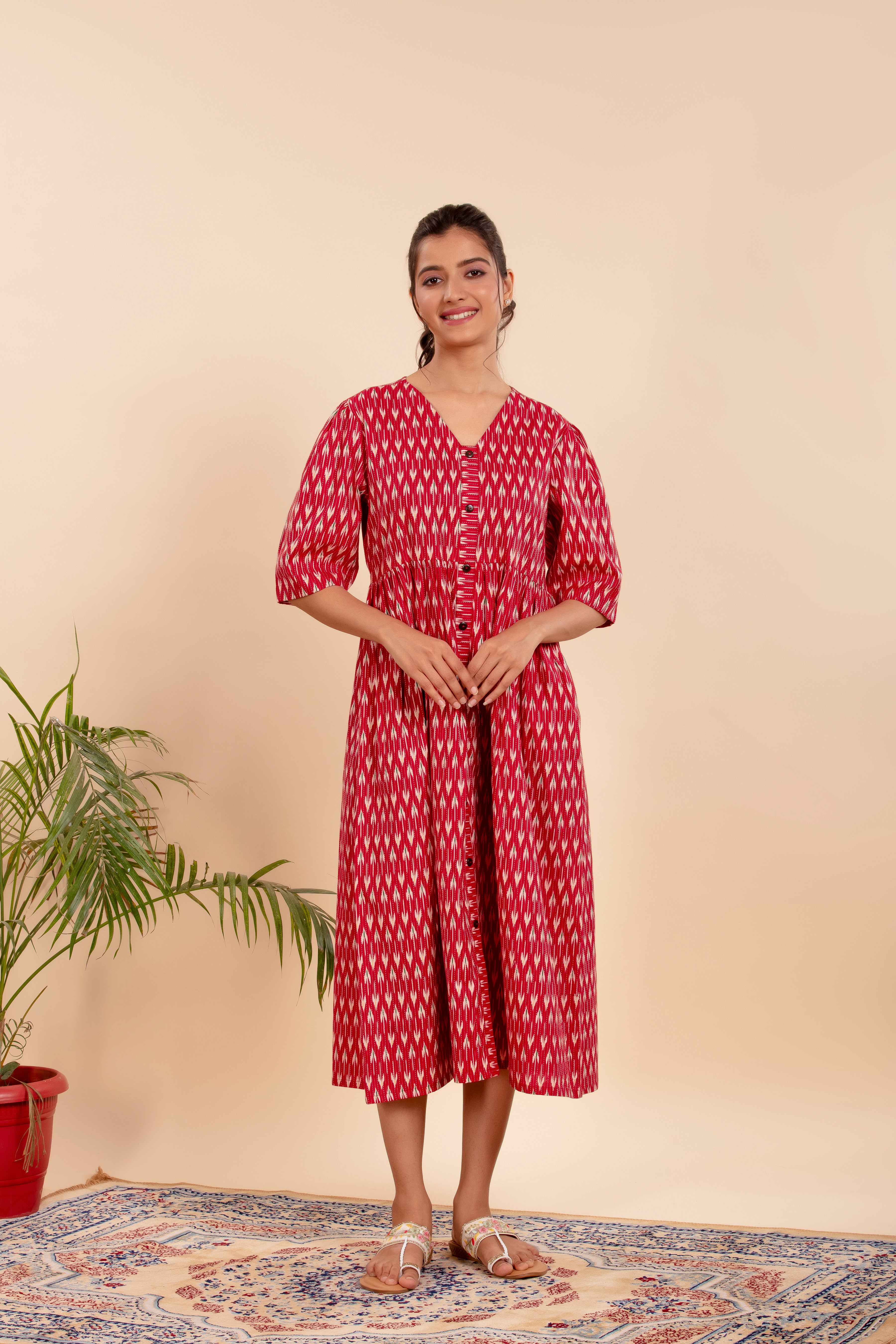 Dress with Vibrant Ikat Print, Button-Down Style, and Comfy Fit for Everyday Charm.