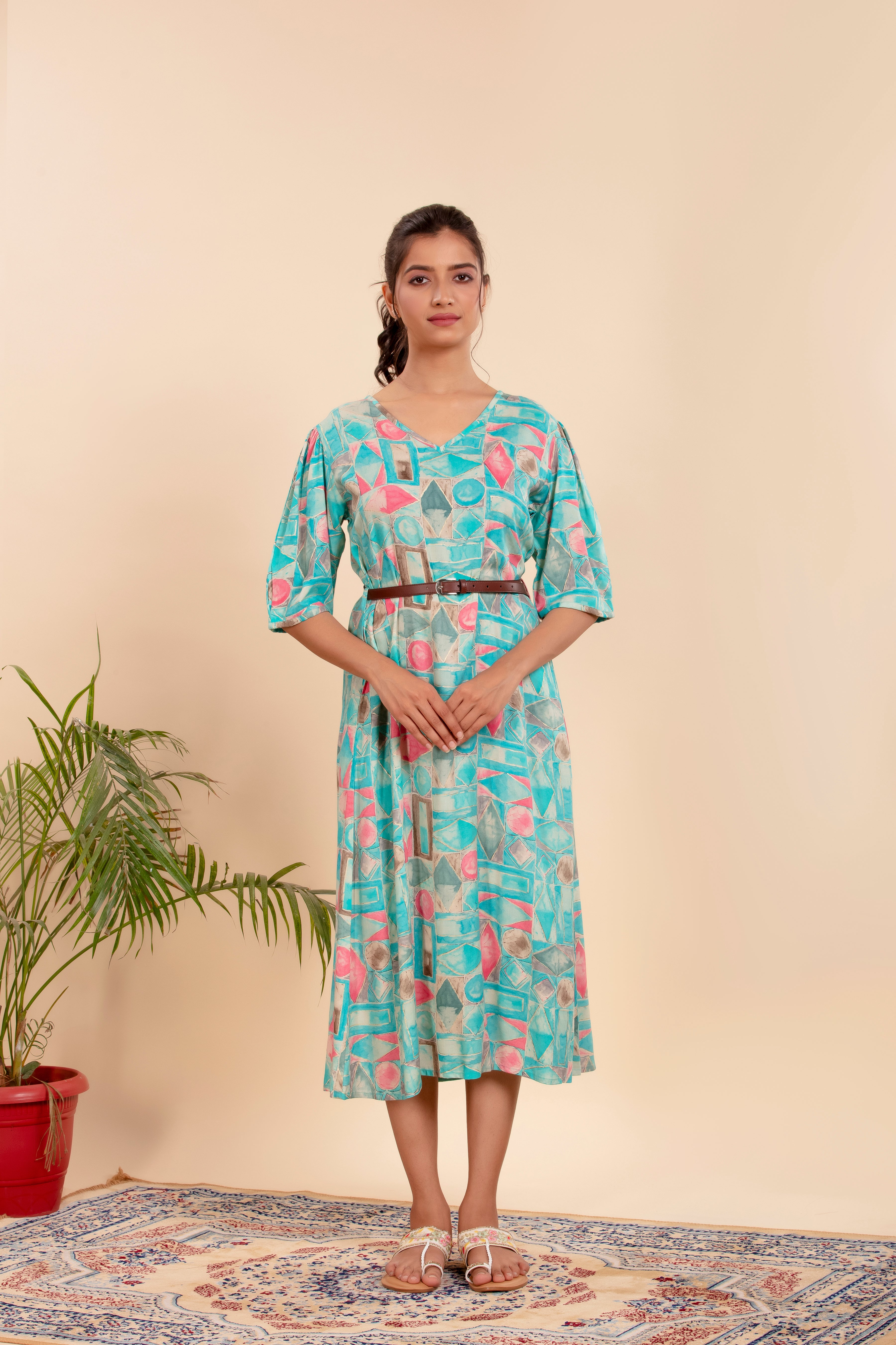 Dress Crafted with Vibrant Prints, Comfy Fit, and a Stylish Waist Belt.